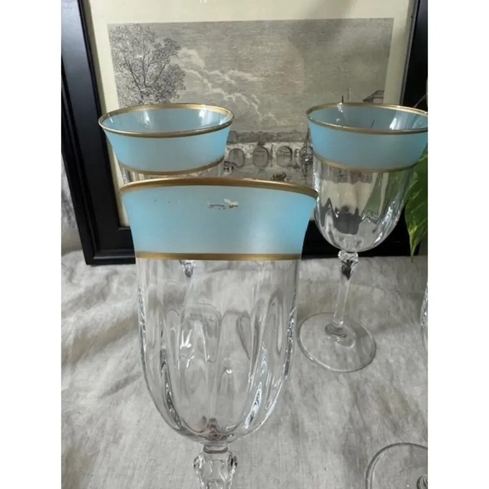 Vintage Frosted Teal Blue & Gold Rimmed Wine Glass Set of 4